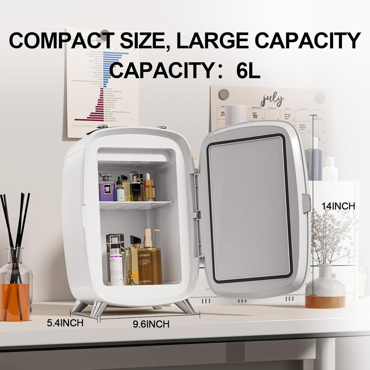 Skincare Fridge, With 3-Level Dimmable LED Light Mirror, Low Noise Beauty Fridge, 6L Large Capacity, Semiconductor Cooling, Portable Design for Multiple Uses - Bedroom, Office, and Travel