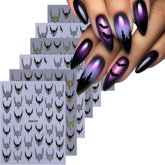 6 Sheets Halloween Nail Art Stickers 3D Self -Adhesive Bat Nail Decals Holographic Hot Stamping Gold Silver Bat Nail Stickers Halloween French Nail Decoration for Women Manicure Supplies