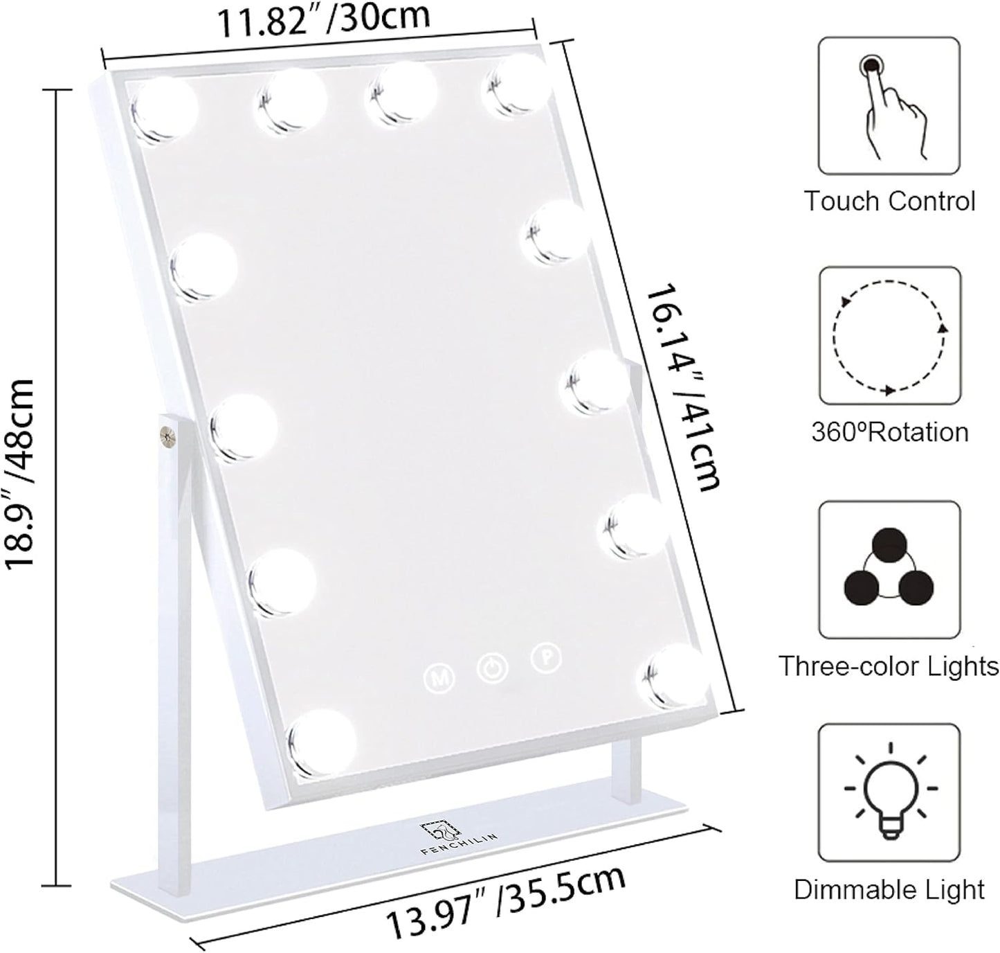 FENCHILIN Lighted Makeup Mirror Hollywood Mirror Vanity Makeup Mirror with Light Smart Touch Control 3Colors Dimmable Light Detachable 10X Magnification 360°Rotation(White)