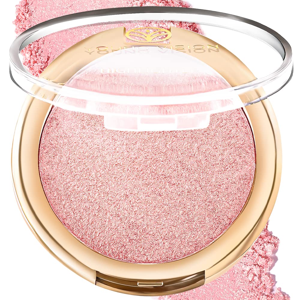 YOUNG VISION Pressed Powder Highlighter, Baked Natural Glow Contour Powder & Face Highlighter, Cruelty-Free, Shimmer Highlighting Makeup for Face, Eye, Eyeshadow, Body, Skin (Pink)