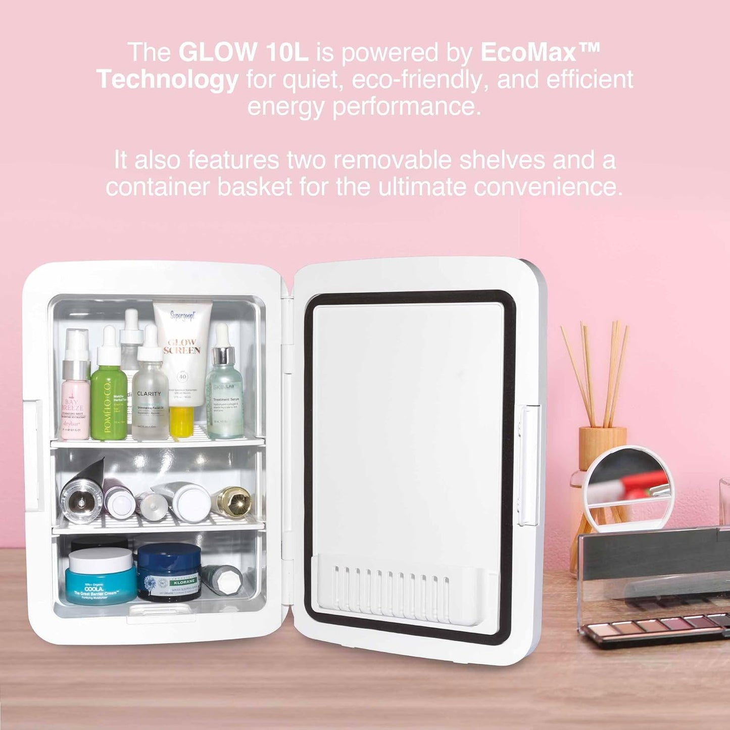 Cooluli Glow 10L Mini Skincare Fridge with Mirror & LED Light - Small Refrigerator for Skin Care, Makeup, Beauty, Cosmetics, Food & Drinks, White