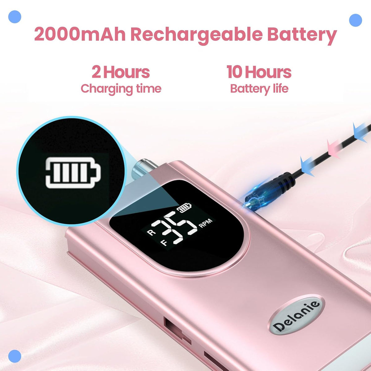 Delanie Professional Nail Drill High Torque 35000 RPM Rechargeable Portable Electric Nail File Filer for Acrylic Gel with Cuticle Bits, Salon Manicure Tool, Rose Gold