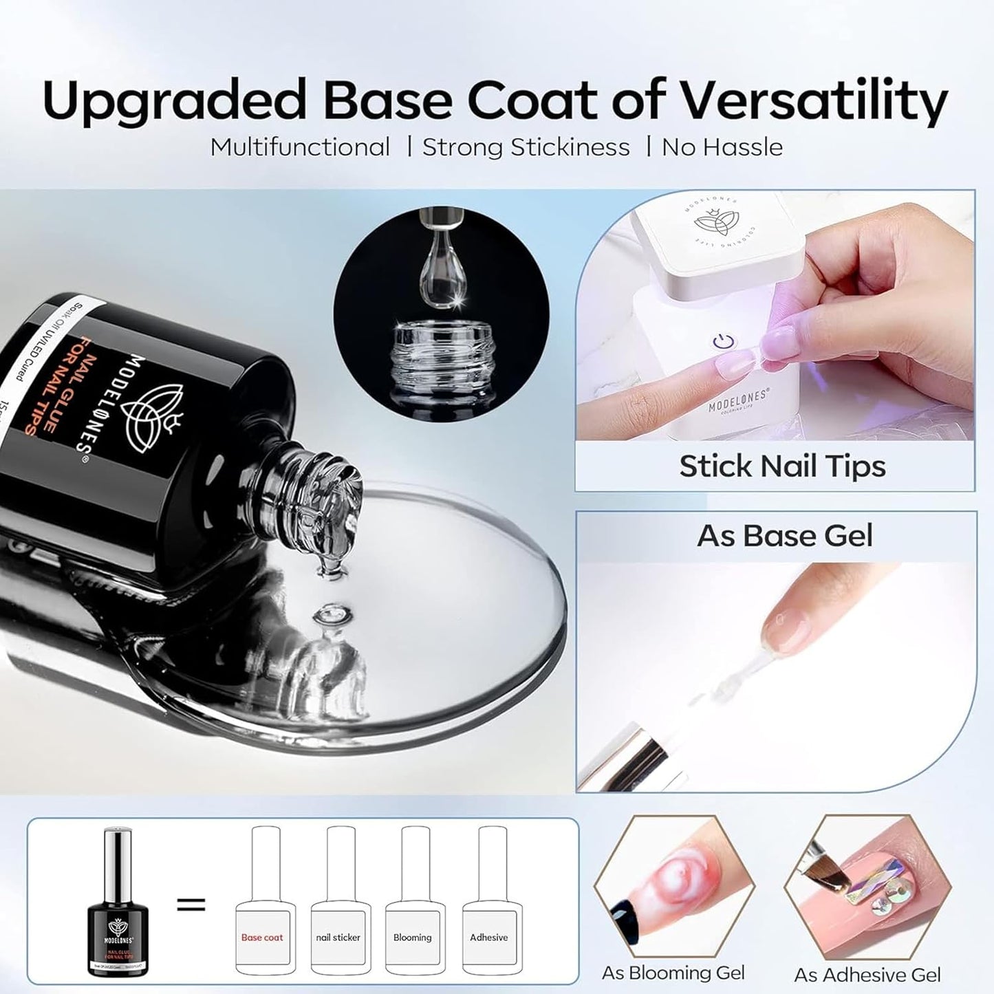 modelones Gel Nail Glue 9 in One Base Gel and No Wipe Top Coat Set 2Pcs for Gel Nail Polish Adhesive Nail Extension Gel Rhinestone Glue Nail Art LED Need 15ml