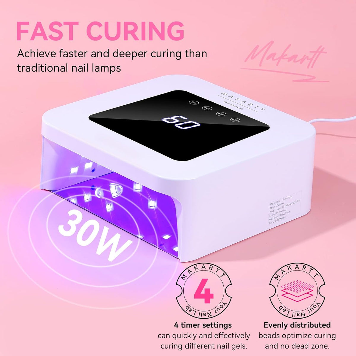 Makartt UV Nail Lamp: 30W Gel LED Light with 4 Timers, LCD Display, Auto Sensor, and Fast Curing for Gel Polish, Professional Nail Dryer for Home and Salon Manicures Pedicure