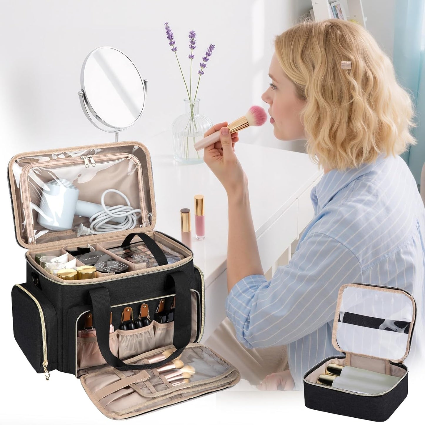 Large Travel Makeup Bag Organizer with Removable Dividers, Portable Cosmetic Storage Case with Brush Compartment and Shoulder Strap