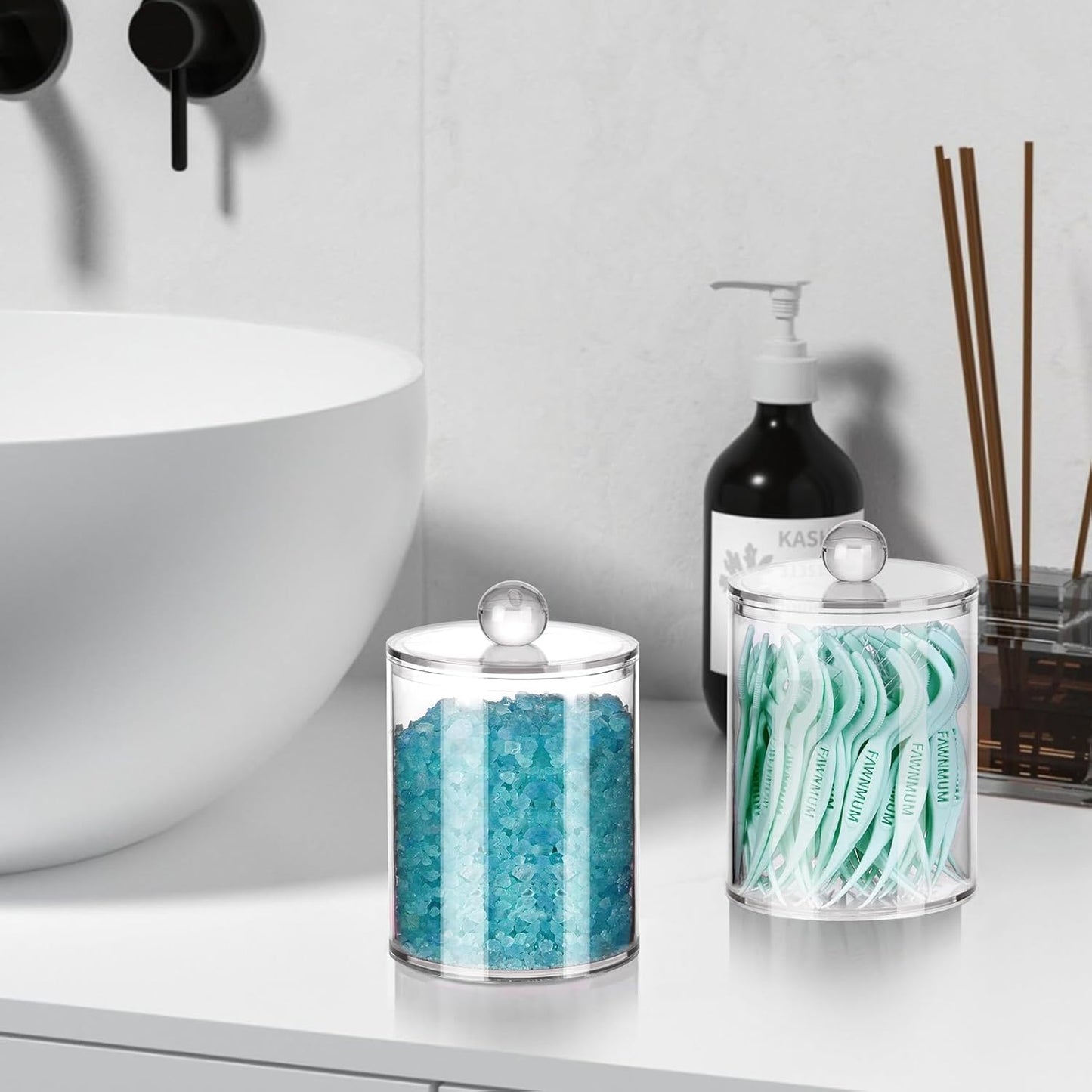 2 Pack Qtip Holder,Canister Apothecary Jar Set, Bathroom Jars with Lids Set for Cotton Swabs, Balls, Pads, Floss Picks,10oz-12oz Plastic Canisters Restroom Bedroom Vanity Organizer(Clear)