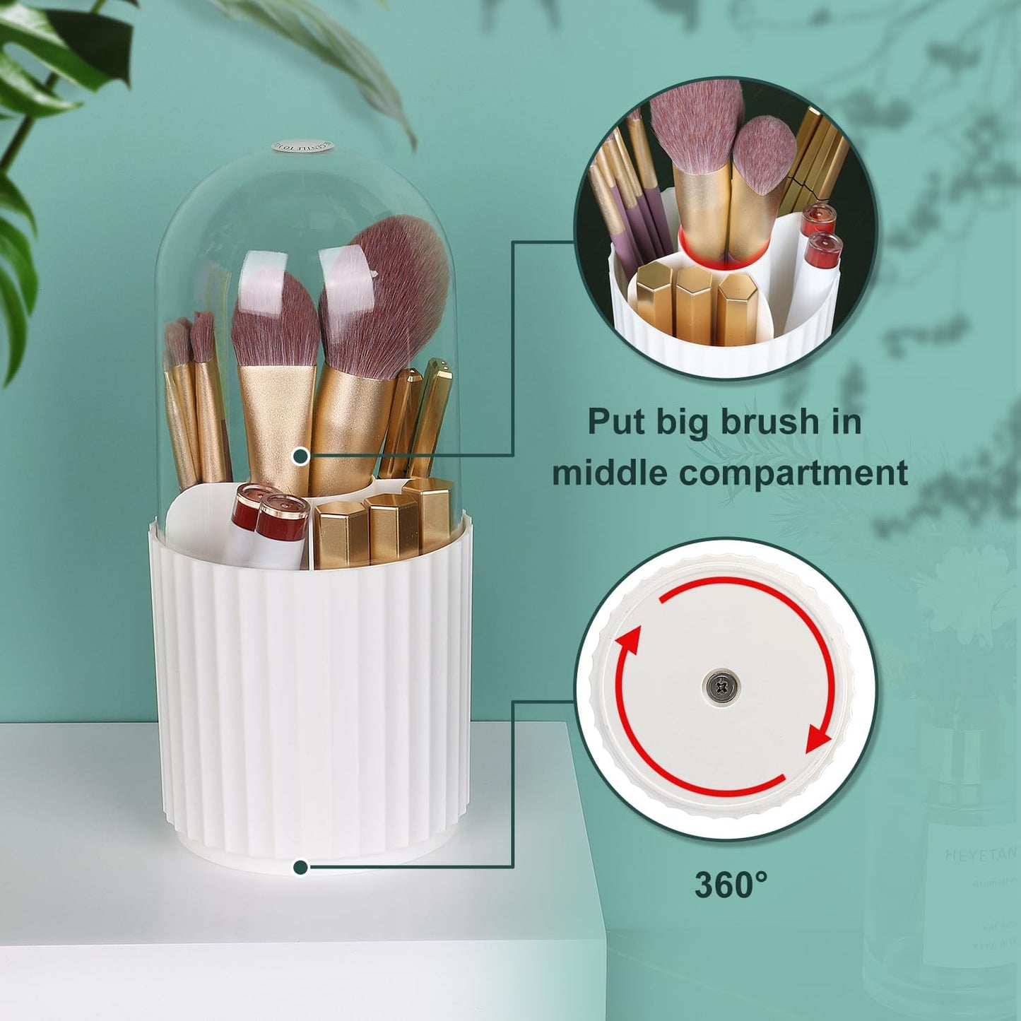 360° Rotating Makeup Brush Holder with Lid — Dustproof Vanity Brush Organizer for Bathroom Counter Storage