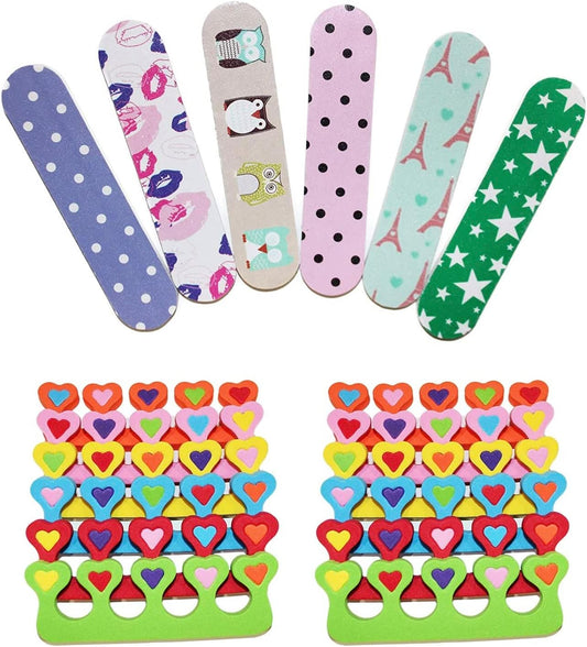 6 Pieces Colorful Girly Mini Emery Nail Files + 6 Pairs Heart Design Toe Separators Manicure/Pedicure Kit Kid Spa Party (Pack of 1)