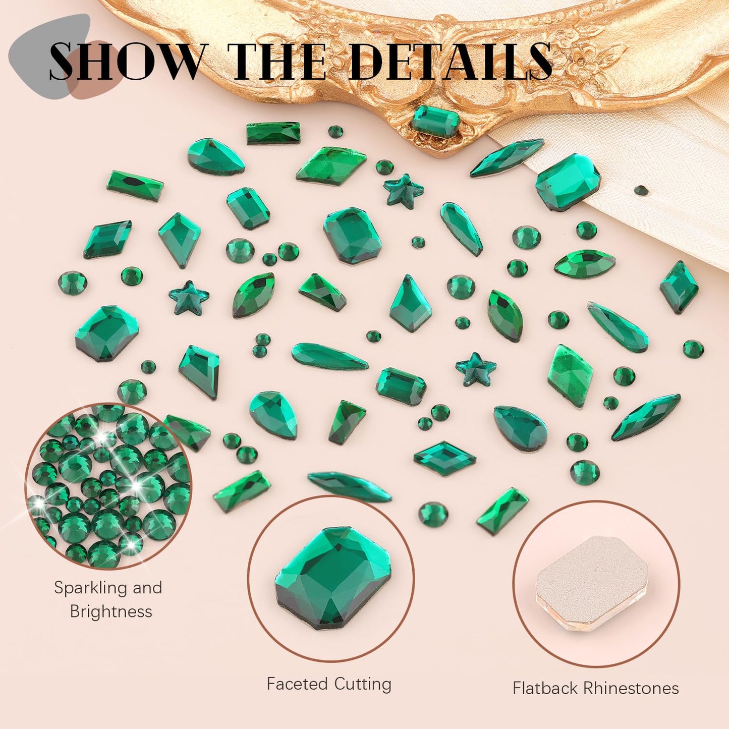 3220Pcs Emerald Green Glass Nail Rhinestones 120Pcs Multi Shapes Flatback Gems Crystal + 3100Pcs 1.5-4mm Round Beads, Manicure Diomand Jewelry Gemstone for Nail Design Makeup Acrylic Nails Decoration