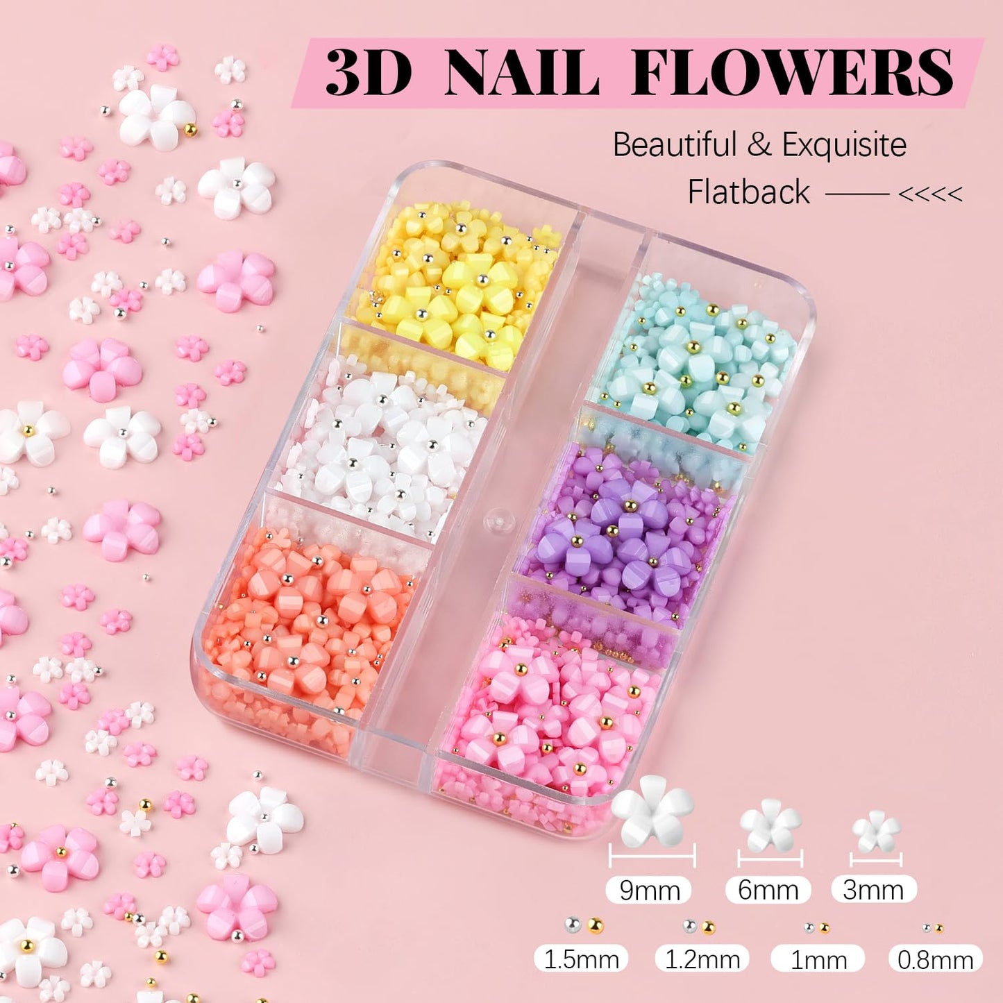 3D Flowers, Manicure Kit with Rhinestone Glue Gel, Colorful Acrylic Flower Nail Charms with Caviar Beads, Rhinestones for Nails with Gem Glue (UV/LED Needed) with Pickup & Dotting Tools