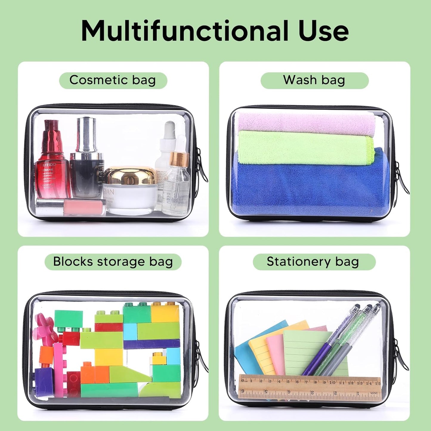 2PCS Zippered Hard Pouch Double,Portable Waterproof Cosmetic Bag with Zipper,Toy Storage Organizer Bins,Hard Plastic Case,Clear Zipper Bags for Organizing,Pencil Case (7.5+7inch)