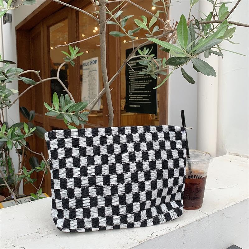 PAZIMIIK Knitted Checkered Makeup Bag Large Zipper Make Up Accessory Pouch for Purse Cosmetic Brush Bag for Travel Essential,Black