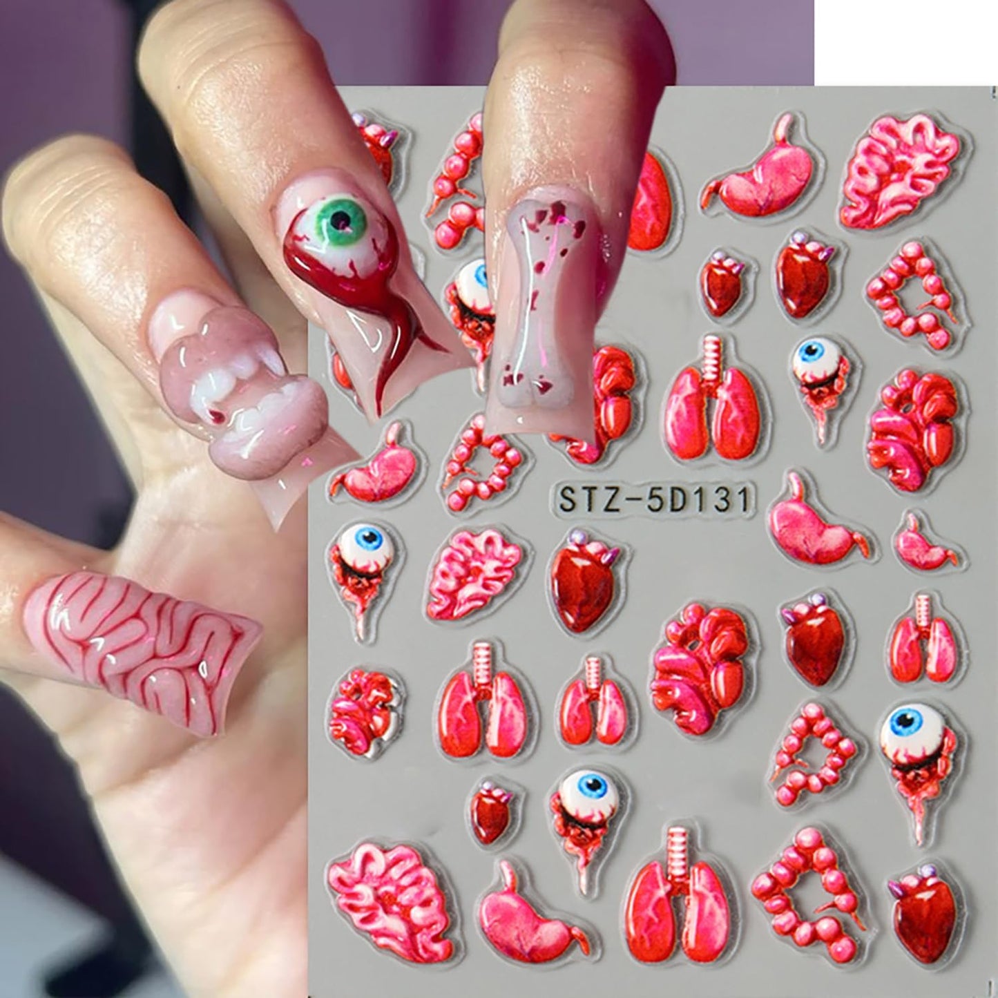 2 Sheets Halloween Horror Nail Art Stickers 5D Embossed Blood Eyes Wounds Pattern Nail Stickers Gothic Horror Day of Death Design Nail Sticker for Women Holiday DIY Manicure Decoration