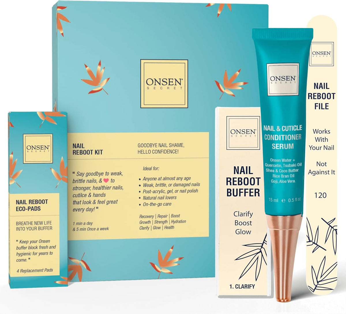 Onsen Secret Nail Care Kit - Japanese Nail Buffer and Shine Kit - Strengthening & Shining - Spa-Quality Manicure - Organic Ingredients - Long-Lasting Shine - Easy & Safe - w/Cuticle Care Serum - 1pk