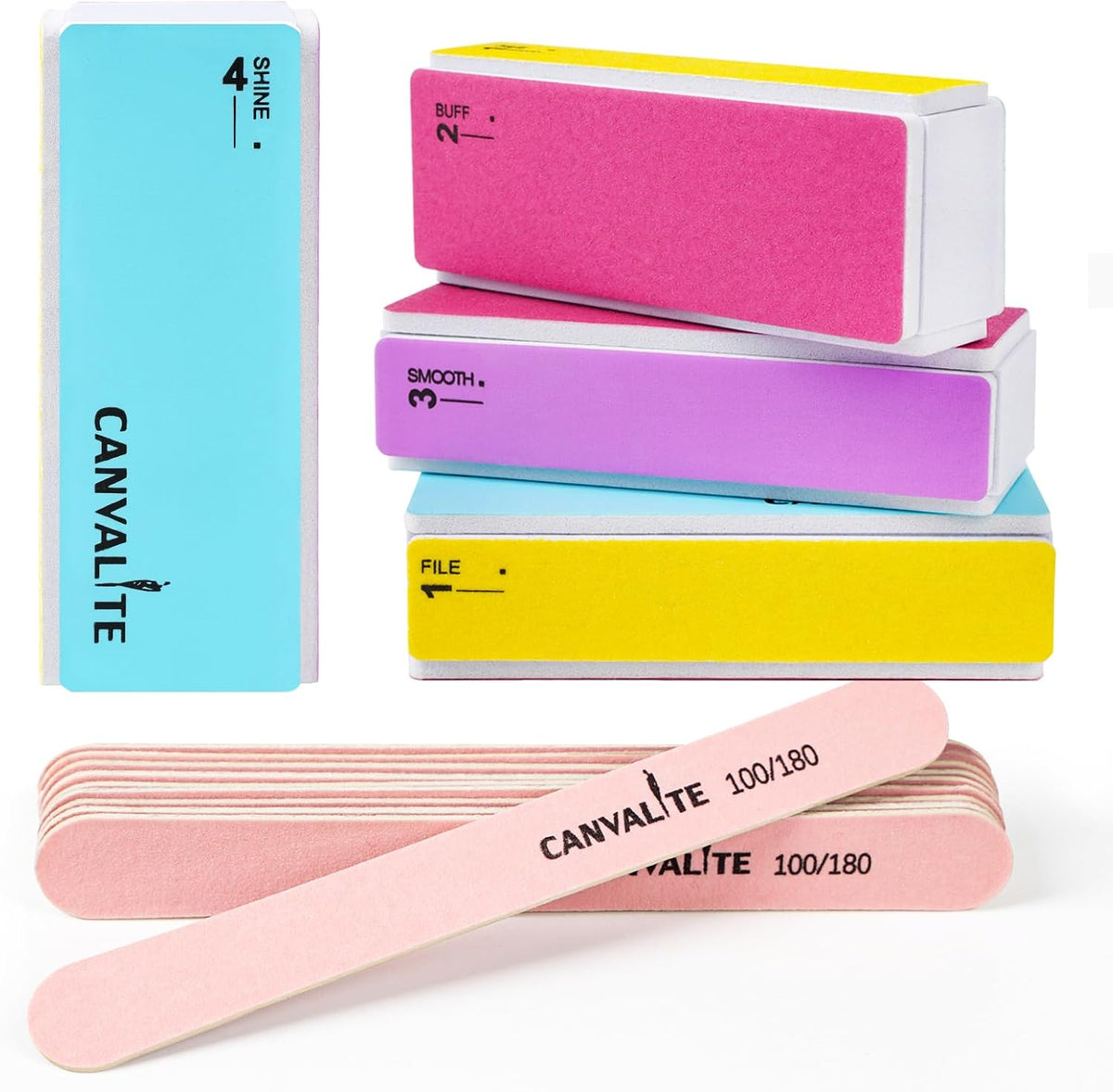 Canvalite Nail Files and Buffers, Shapes/Smooths/Shines Multi-Functional File & Polishing Buffer Block with 100/180 Grit Emery Boards, 14pcs Manicure Kit Natural Nail Care