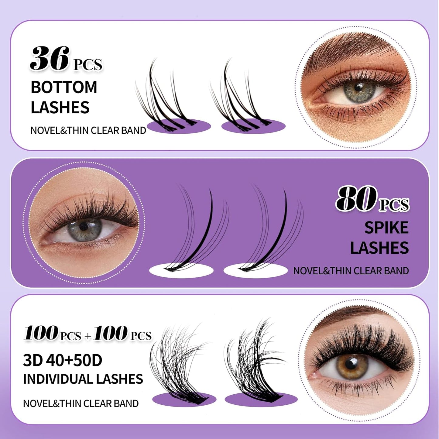 Lash Clusters With Bottom Lashes 40/50D C/D Curl 12-18mm Multi-types Individual Clusters Eyelash Extensions, Spike, Wispy Lash clusters(40/50D-3D)