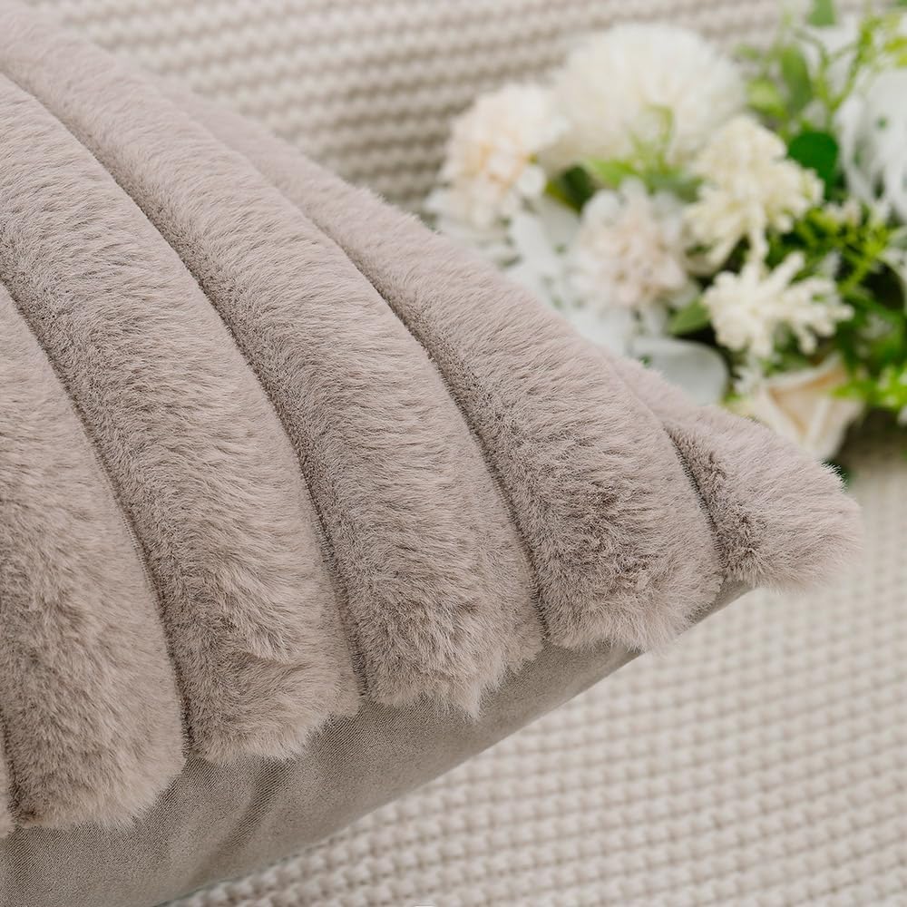 MADIZZ Set of 2 Faux Wool Plush Decorative Throw Pillow Covers 22x22 Inch Taupe Fluffy Striped Soft Decorative Cushion Cover for Sofa Bedroom Pillow Shell