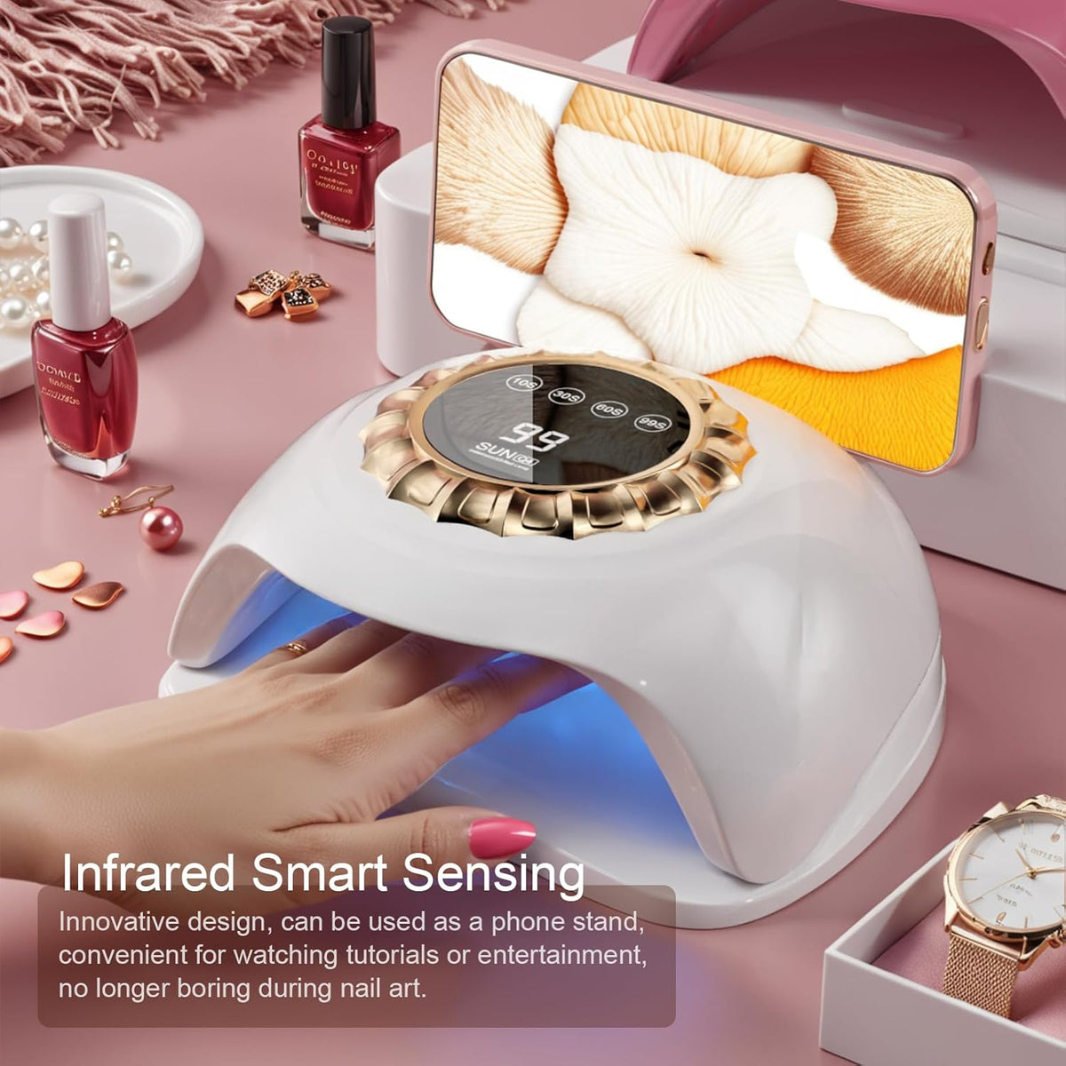 Professional White LED Nail Lamp – Smart Gel Nail Dryer with Touch Timer, Dual-Light Beads & Removable Base – Sleek UV Lamp for Salon & Home Use