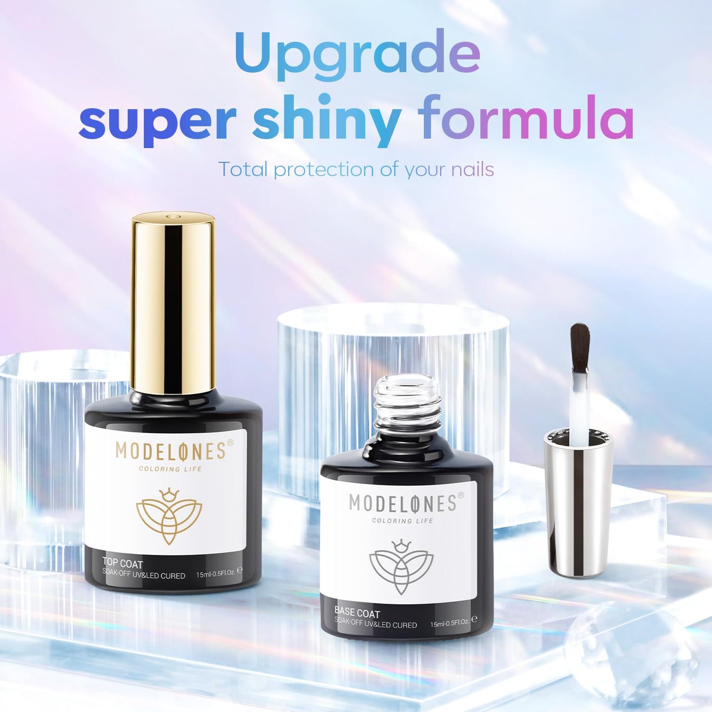 modelones Gel Top Coat, 15 ml 2025 Upgrade Super Shiny Base and Top Coat Set, Soak Off Nail Lamp Acid Free No Wipe Clear Base Top Gel Nail Polish