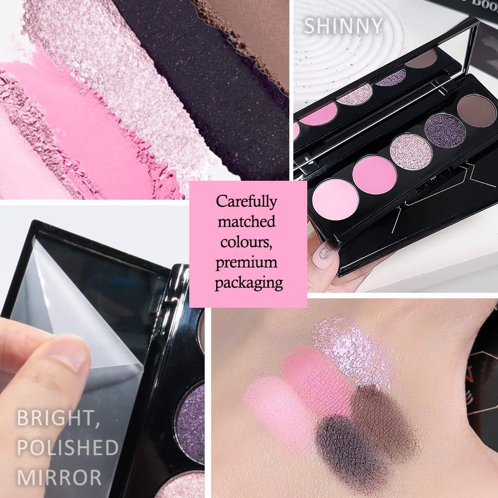 5 Colors Highlight Pink-Purple Eyeshadow Palette with Mirror, Pearl White Silver Brown Nude Rose Gold Glitter Shimmer Palette, Cruelty-Free, Vegan Formula, Matte Eyeshadow for Professional Makeup