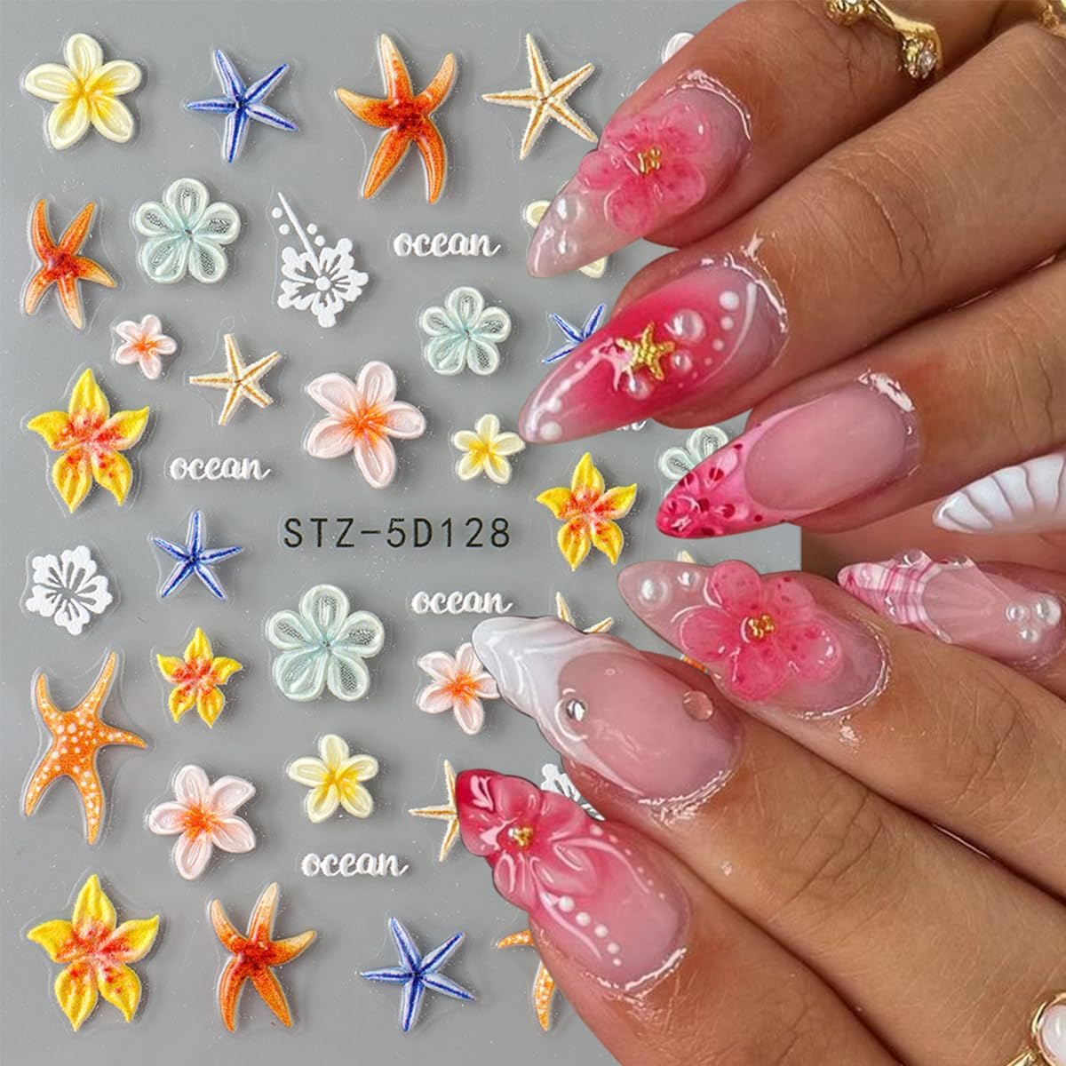 5D Embossed Flower Nail Art Stickers Decals 2 Sheets Summer Flowers Nail Stickers Ocean Starfish Nail Decals Yellow Lily Hibiscus Tropical Floral Nail Art Design Supplies for Women DIY Manicure Decor