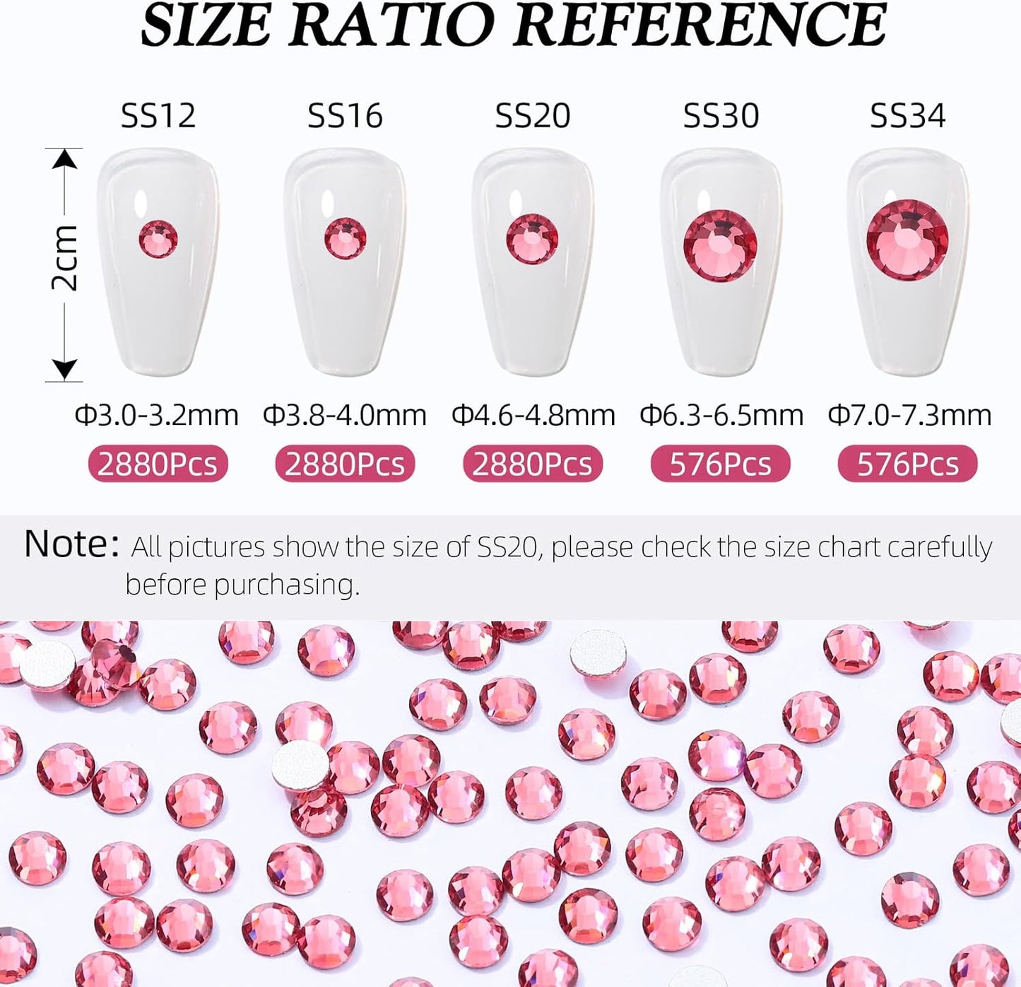 Rose Flatback Rhinestones, Glass Rhinestones for Nail Art and Craft, Glue Fix, Loose Crystal Gemstones(Rose, SS30, 576pcs, 6.4-6.6mm)