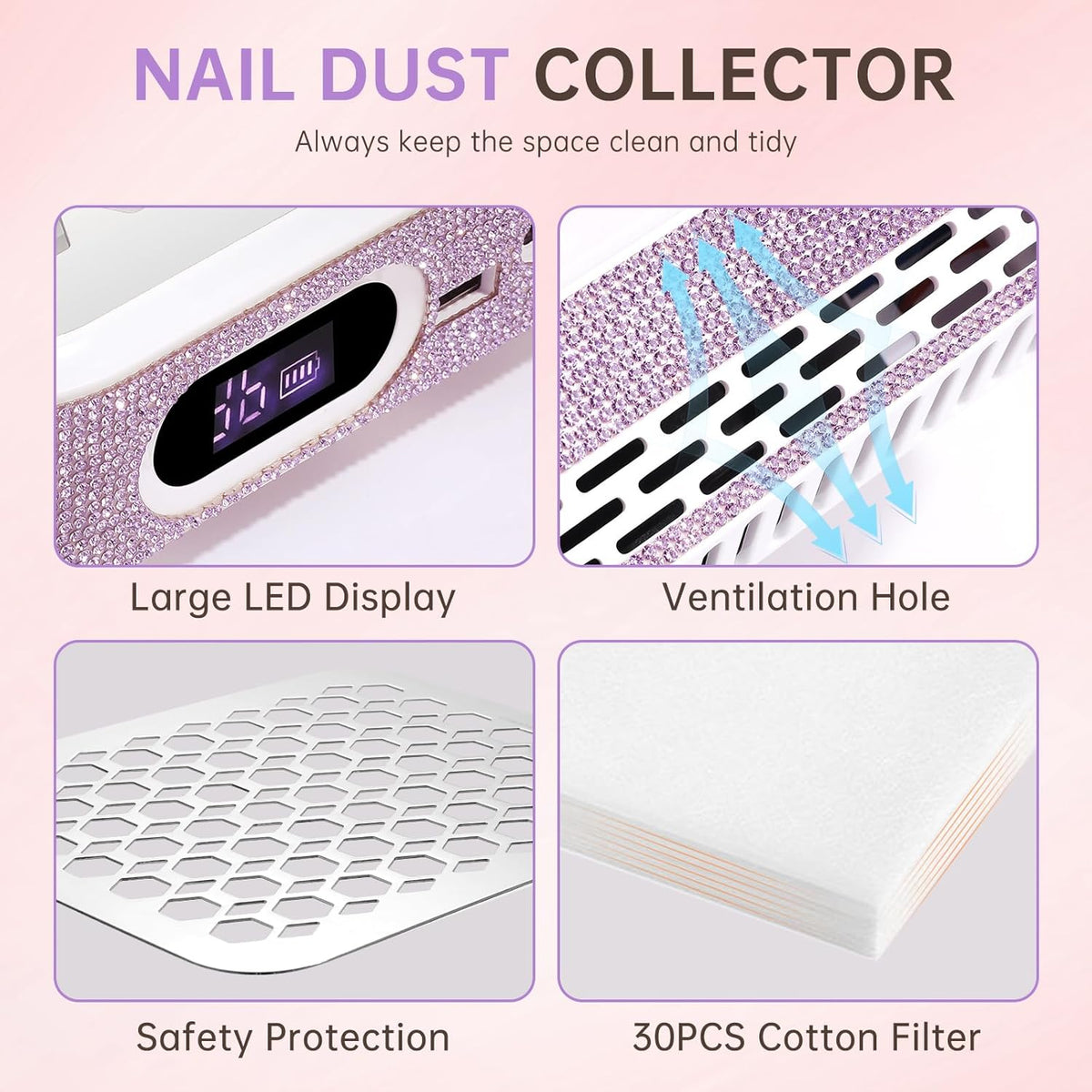 Nail Dust Collector, Rechargeable Dust Collector Nail Tech, Powerful Vacuum Fan Vent Dust Collector Extractor Dust Suction Machine for Acrylic Nails Polishing, Nail Salon&Home,Purple