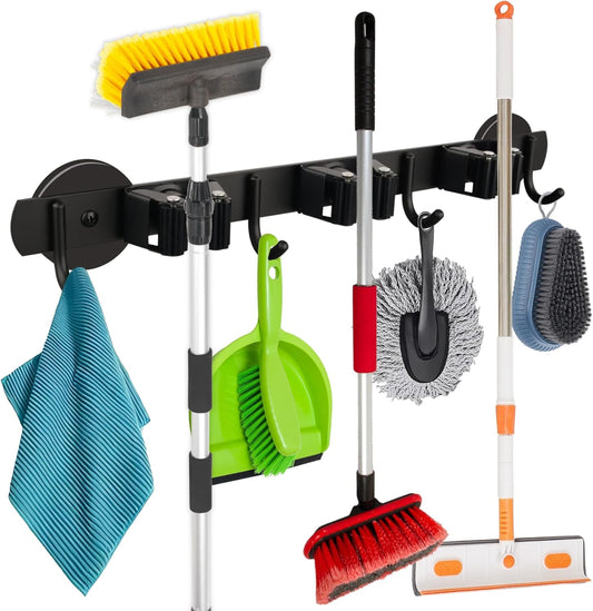 MUTUACTOR Heavy Duty Magnetic Broom Holder, 1PCS Mounting Broom and Mop Hanger, Anti-slip Black Magnetic Tool Holder 3 Slots and 4 Hooks for Fridge, Metal Door, Garage, Work Station