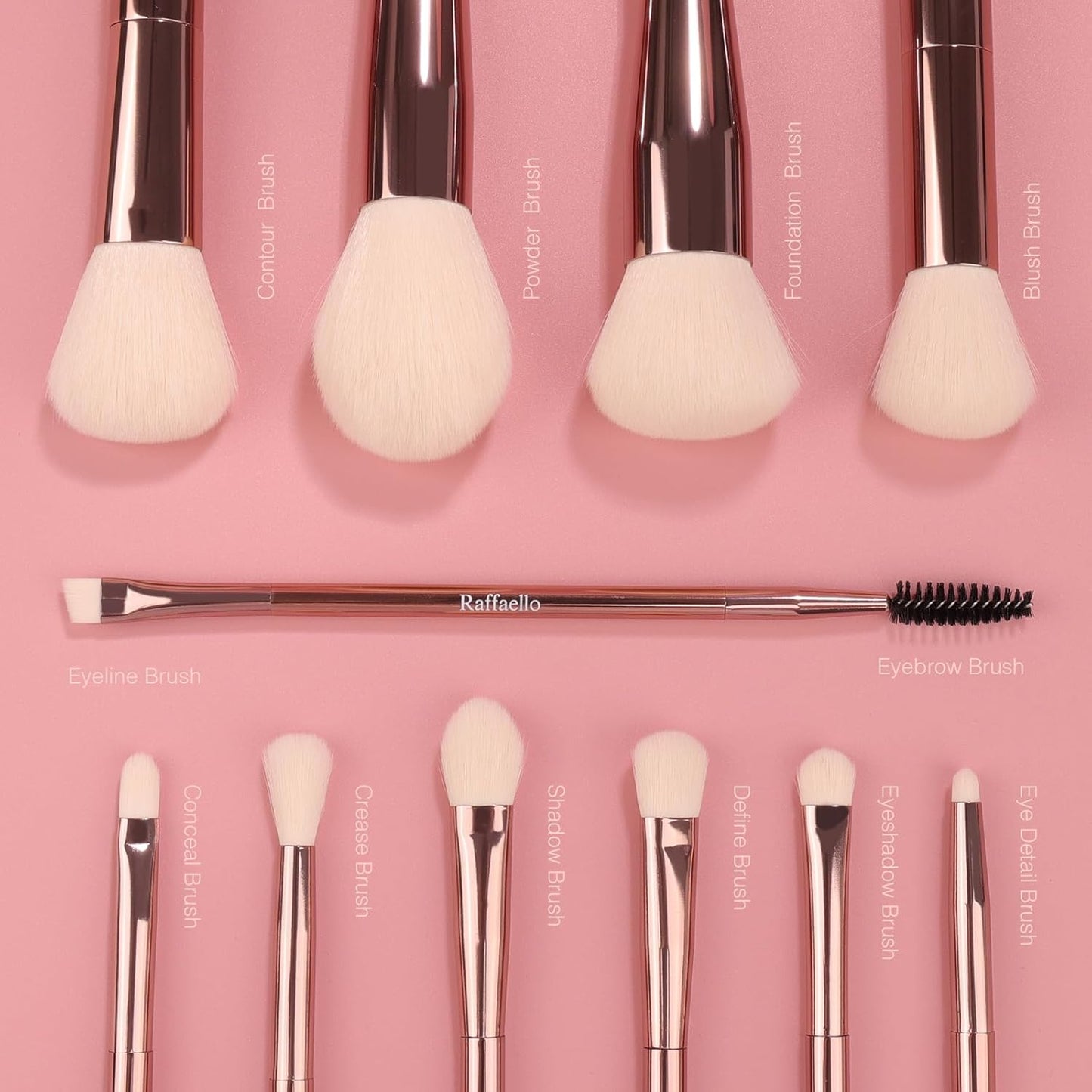Raffaello 6-in-12 Dual-Ended Makeup Brushes Set, Sustainable Rose Gold Brushes with Recycled Materials, Includes White Faux Leather Pouch, Professional Face & Eye Makeup Kit for Travel and Daily Use