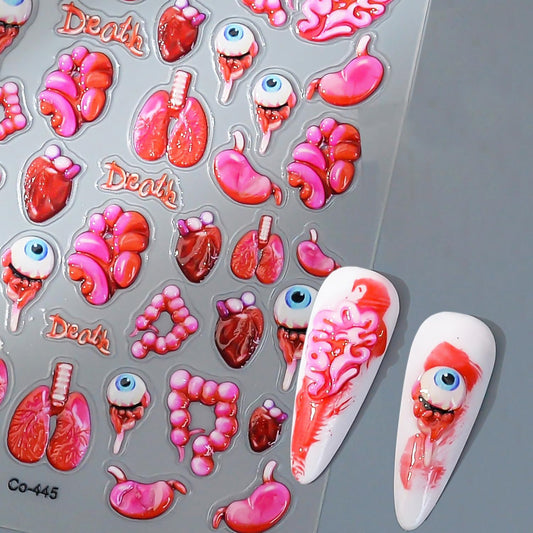 1 Sheets Horror Halloween Nail Stickers for Nail Art Embossed Eyeballs Nail Art Stickers Scary Heart Lungs Human Organs Nail Decals 5D Self-Adhesive Bloody Holiday Nail Design Supplies for Women