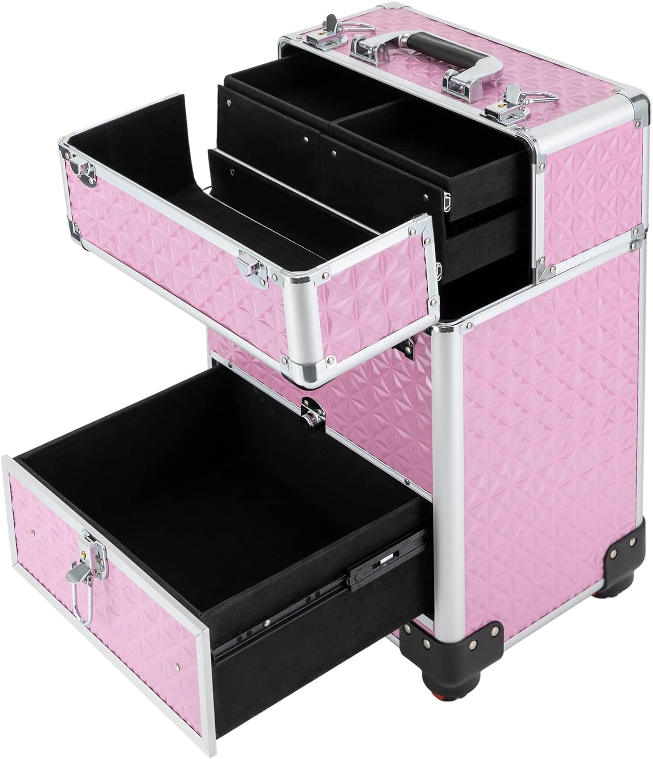 Rolling Makeup Train Case Pink Professional Cosmetic Organizer Trolley Large Capacity Travel Makeup Storage with Wheels