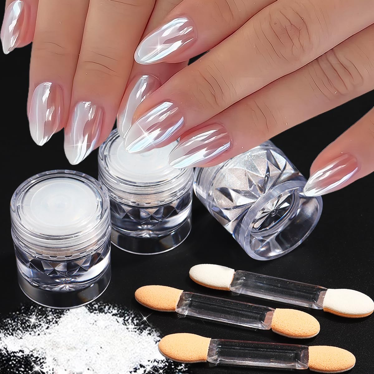 3Pcs Moonlight White Pearl Chrome Nail Powder, Super Glossy Clear Mirror Effect Holographic Pearl Nail Glitter Powder, Neon Ice Aurora Shimmer Sugar Pigment Dust for Nails Art Design
