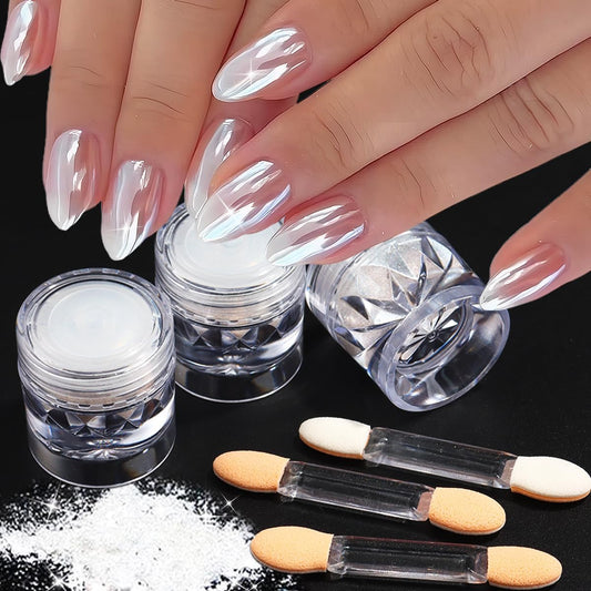 3Pcs Moonlight White Pearl Chrome Nail Powder, Super Glossy Clear Mirror Effect Holographic Pearl Nail Glitter Powder, Neon Ice Aurora Shimmer Sugar Pigment Dust for Nails Art Design