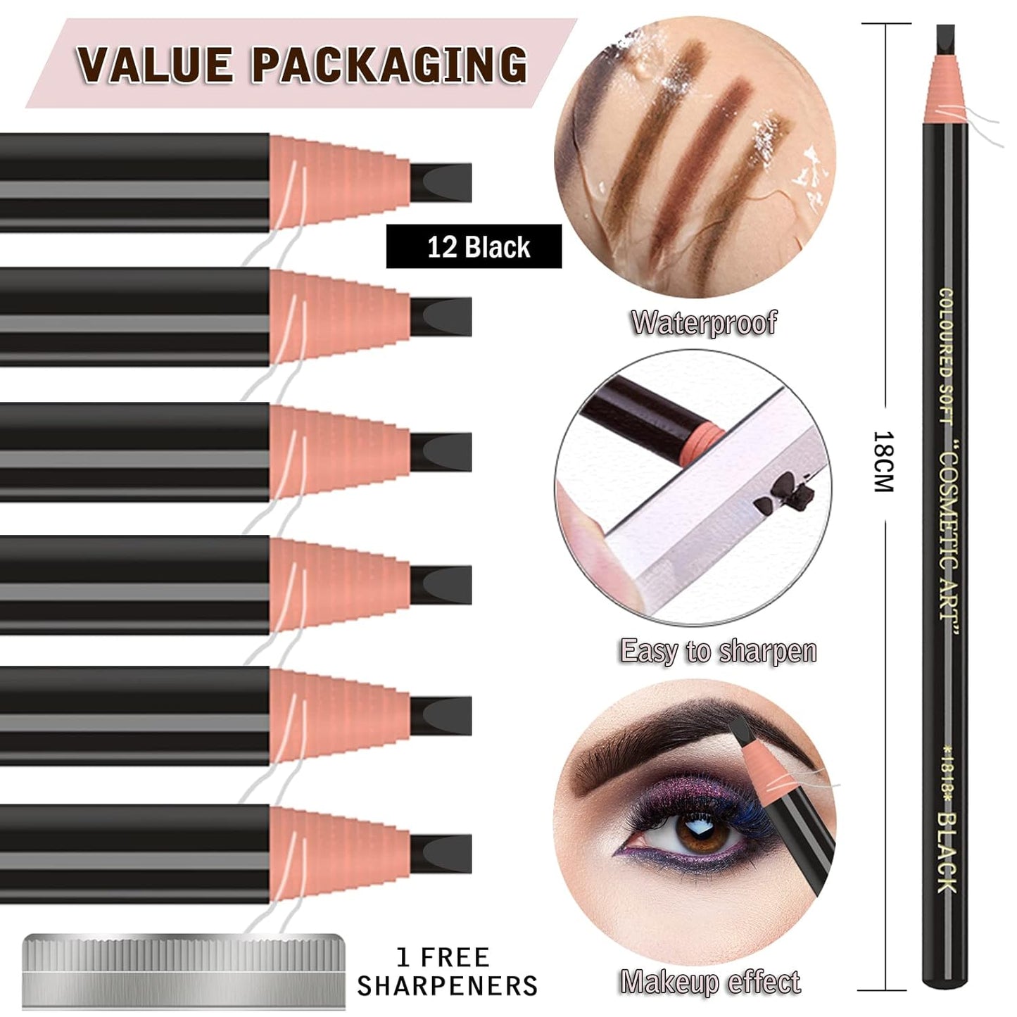 12 Piece Black Colour Waterproof Eyebrows Pencil Tattoo Makeup And Microblading Supplies Kit-Permanent Eye Brow Liners In Waterproof Eyebrow Pencils Peel - Brow Pencil Set For Marking(12 Pcs)