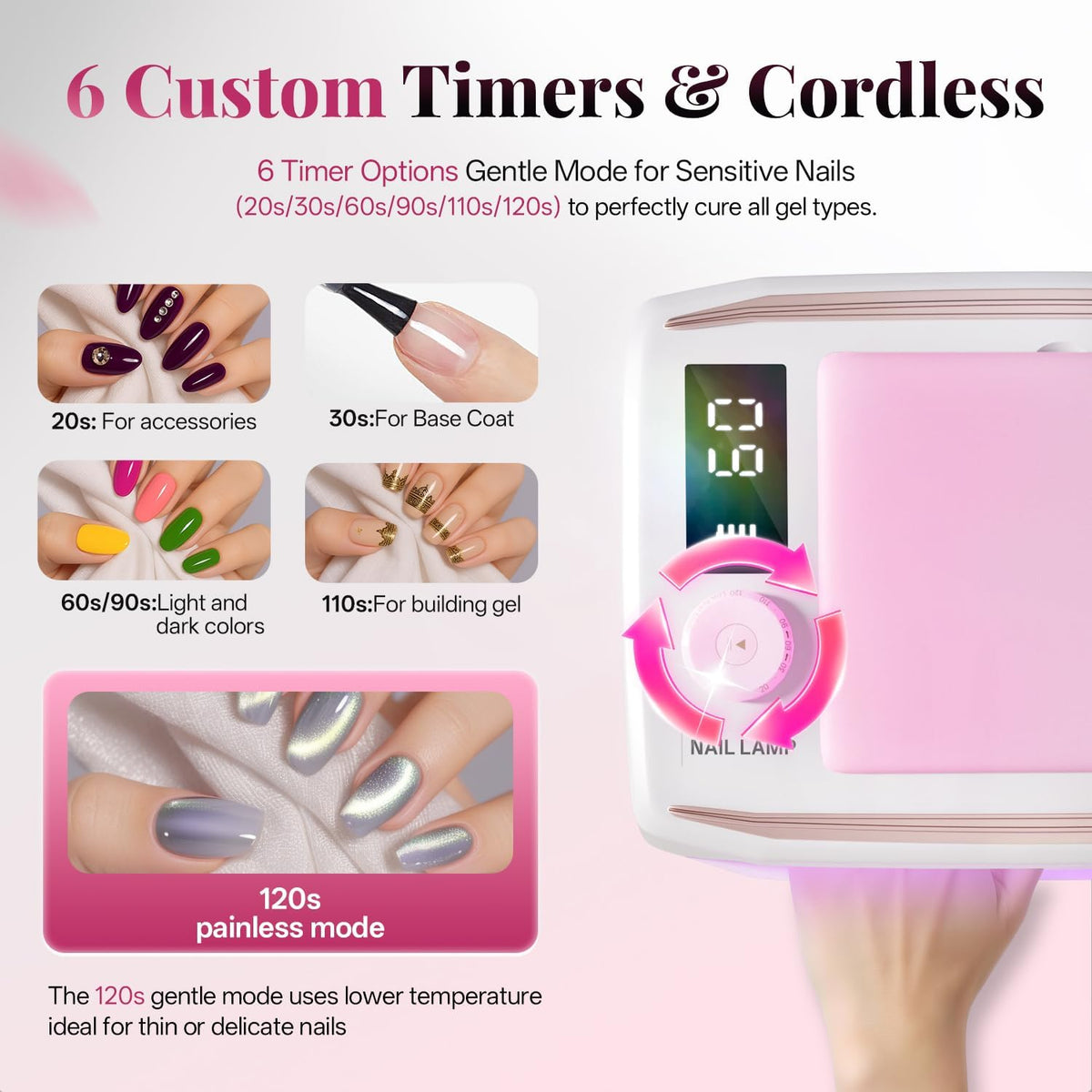 krofaue 380W UV Nail Lamp - Professional Rechargeable Nail Dryer for Gel Polish with Detachable Arm Rest, 6 Timer Settings UV Light for Gel Nails (Pink)