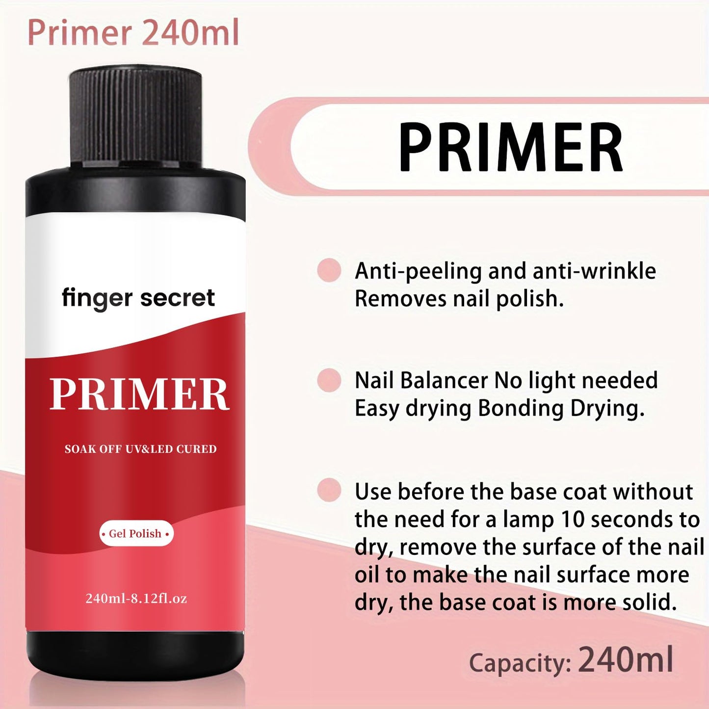 240ml/8floz Nail Primer for Gel Polish,Primer Nail Prep, Nail Primer for Nail Art Design in Salon or Home Use