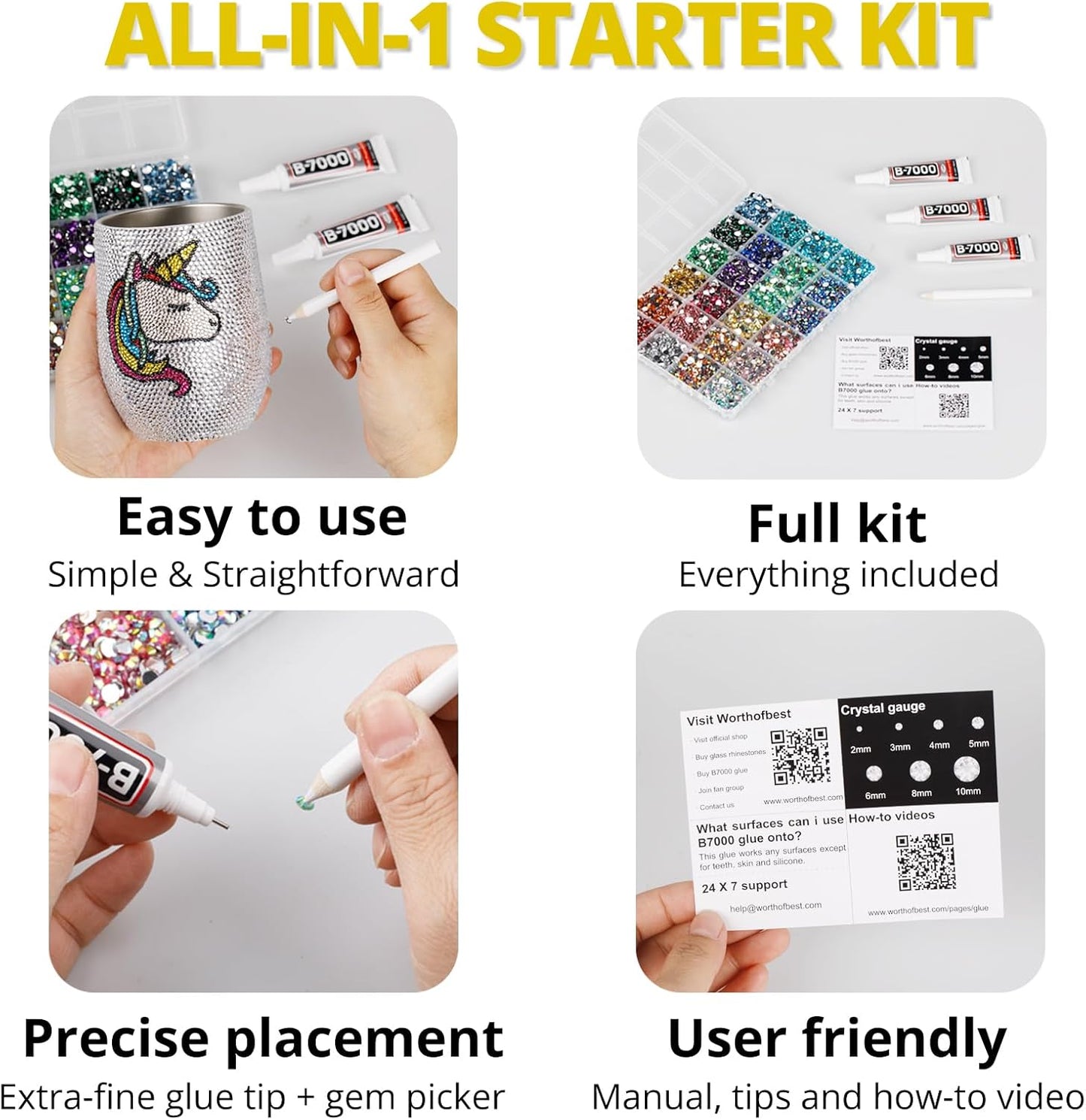 30000Pcs Resin Rhinestones Set for Crafting Bedazzling, Metallic Gold Flatback Gems Jewels for Crafts Clothes Shoes Fabric Outfit Nails Makeup, Flat Back Crystal 2-6mm with b 7000 Glue