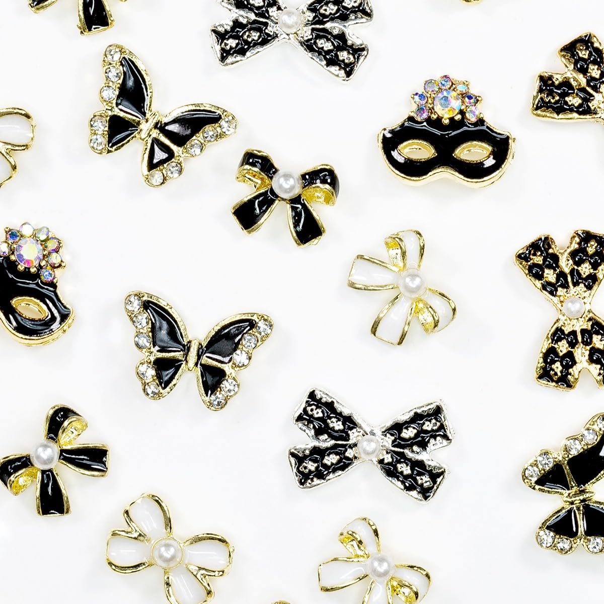 36Pcs Elegant Cute Charms for Nails Bow Butterfly Mask Luxury Kawaii Black White Rhinestones Pearls 3D Alloy Gems Cute Nail Art Charms for Acrylic Nails Face DIY Crafts Tumblers Bottles Shoes