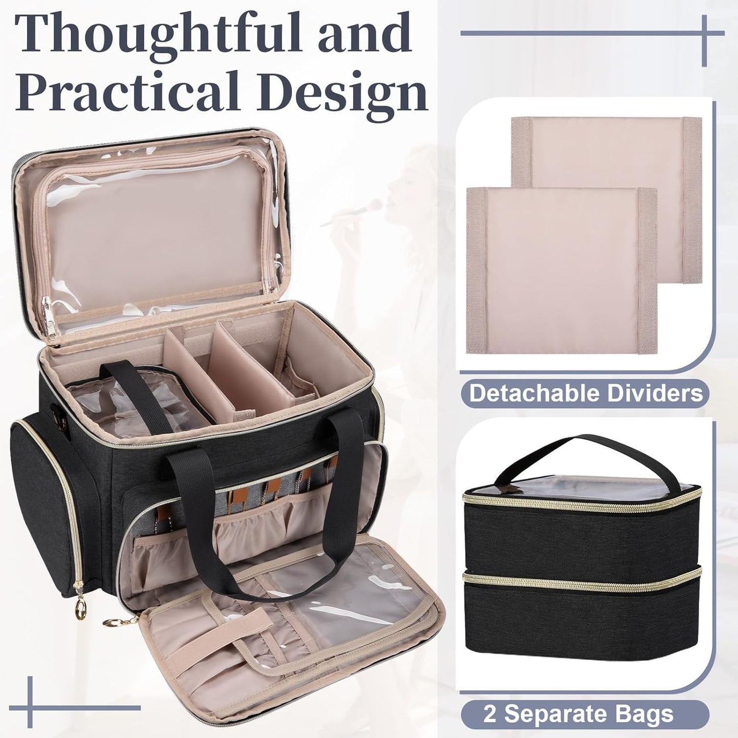 Large Travel Makeup Bag Organizer with Removable Dividers, Portable Cosmetic Storage Case with Brush Compartment and Shoulder Strap