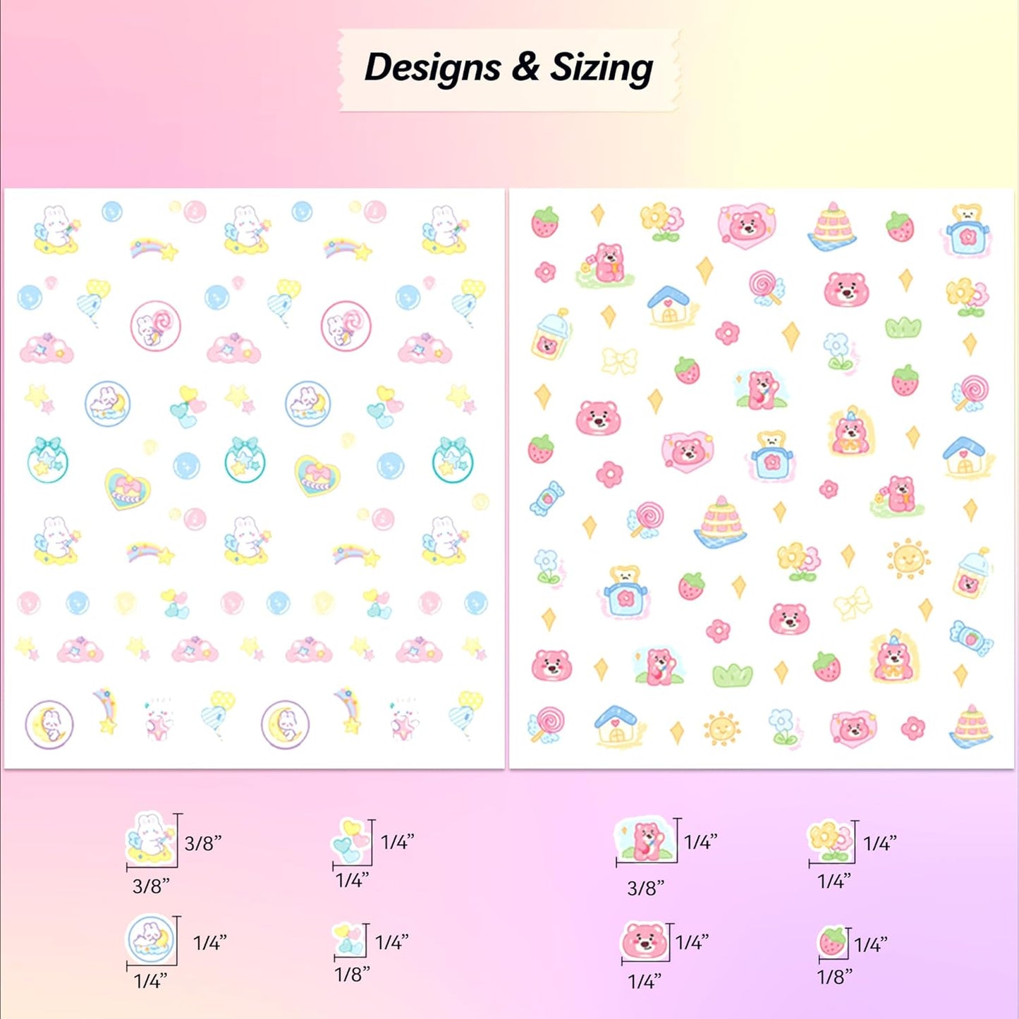 4 Sheets of 3D Nail Stickers - 274 Cute Nail Decals - Embossed Nail Stickers for Kids | Kawaii Theme - Stars, Hearts, Bunny, Pink Bear, Puppy, Cats | Glow in The Dark