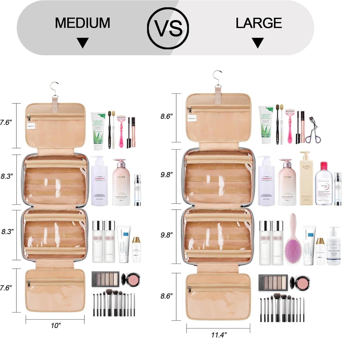 Travel Hanging Toiletry Bag for Women, Large Makeup Bag 8 Leak Proofing Silicone Bottle Covers, Waterproof Cosmetic Bag with Jewelry Organizer Compartment, Toiletries Kit Set, Grey