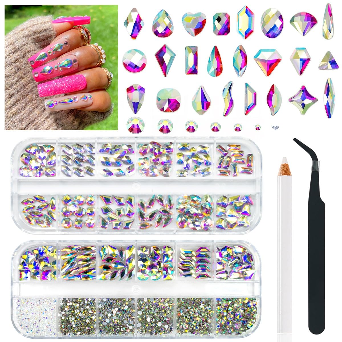 24 Styles AB Crystal Nail Rhinestones Multi Shapes Flatback White AB K9 Glass Gems Round Beads Stones Diamonds Jewels Nail Art Charms Supplies for Nails Face Eyes Makeup Crafts Clothes Tumblers