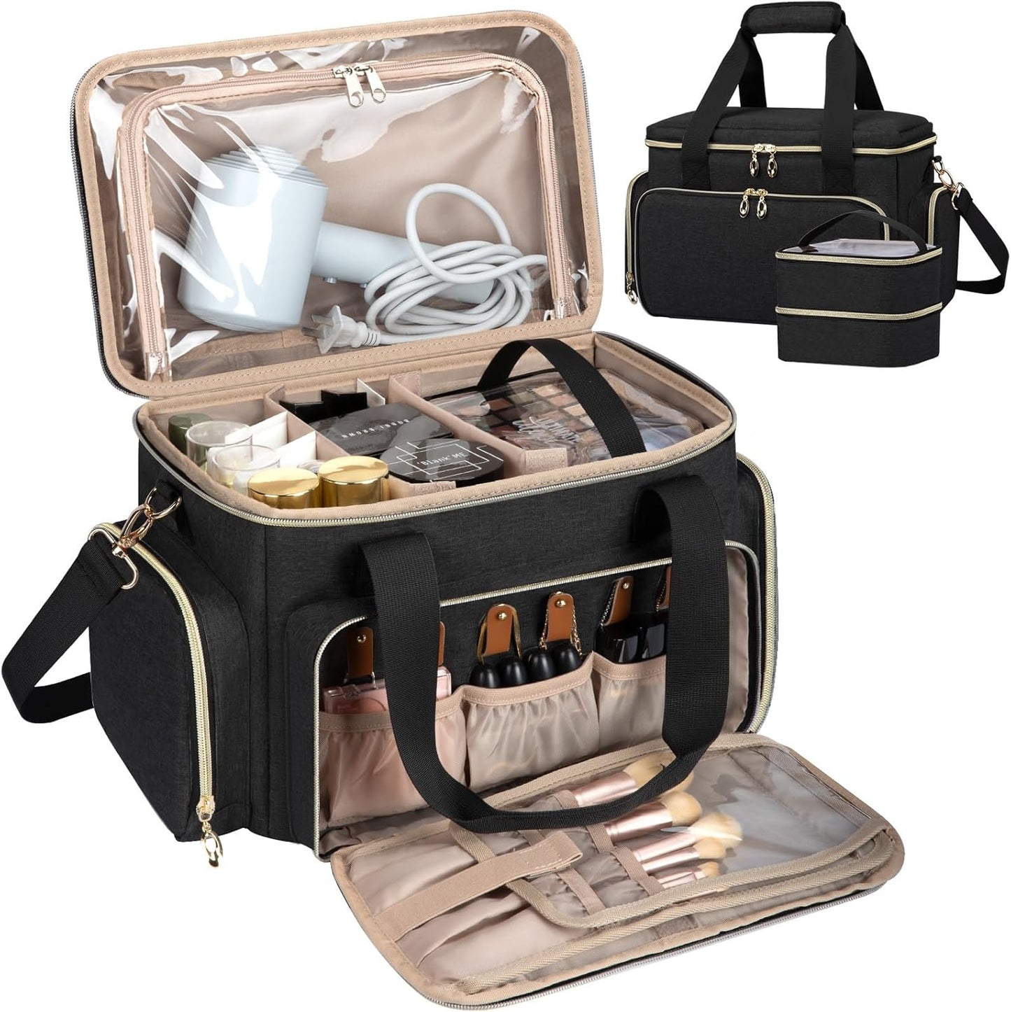 Large Travel Makeup Bag Organizer with Removable Dividers, Portable Cosmetic Storage Case with Brush Compartment and Shoulder Strap