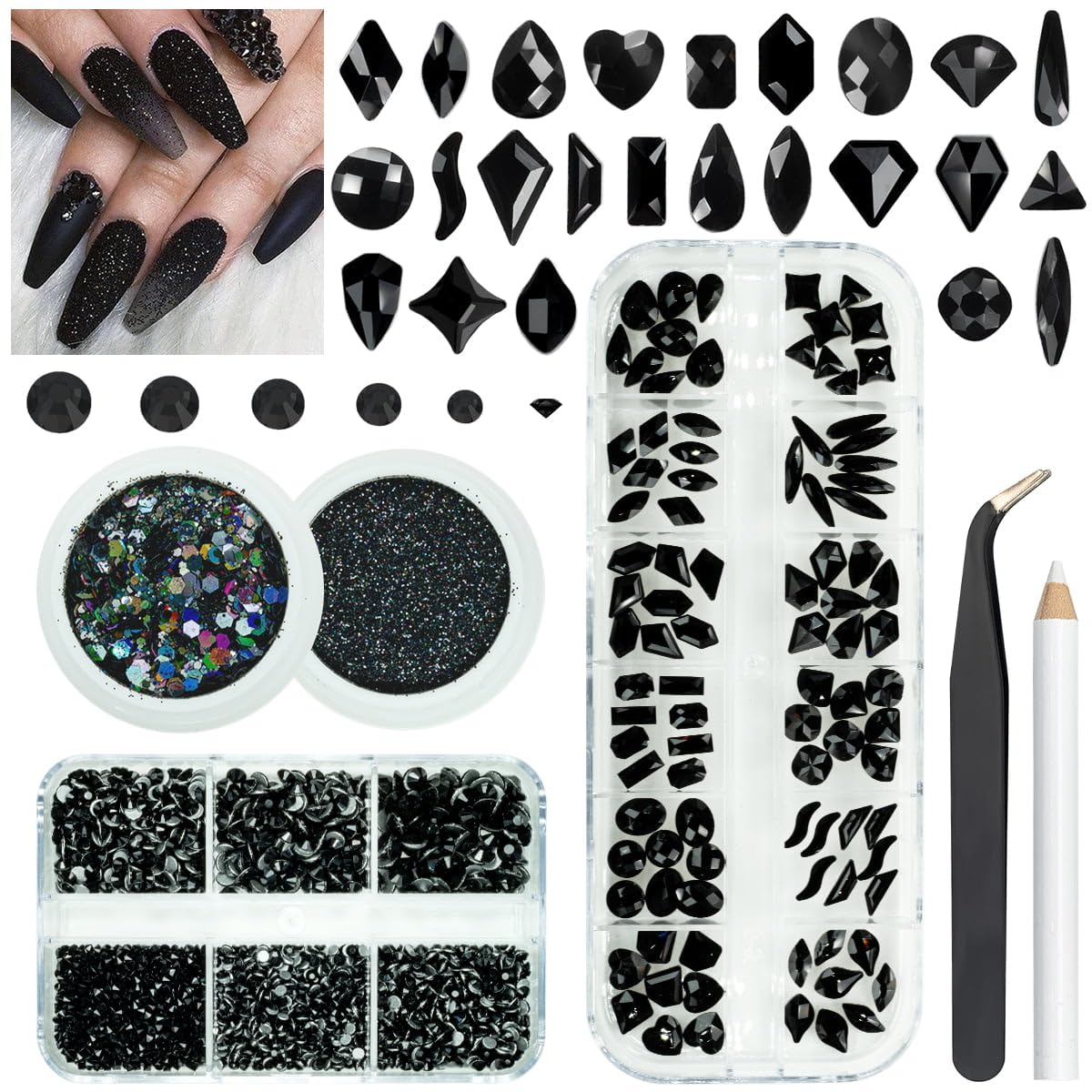 4 Boxes Jet Black Nail Rhinestones and Glitters 24 Shapes K9 Glass Flatback Gems Round Stones Diamonds Crystals Nail Art Charms for Acrylic Nails Faces Eyes Makeup DIY Crafts Tumblers Clothes Shoes