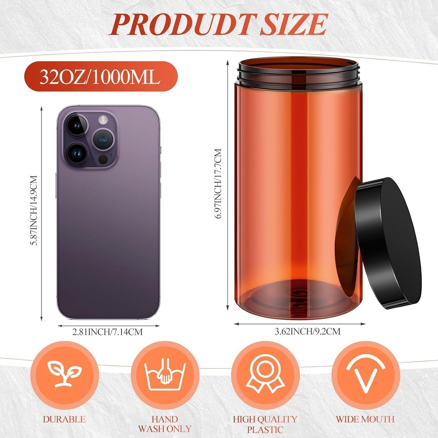 SATINIOR 24 Pieces Empty Clear Plastic Jars with Lids Round Storage Containers Wide Mouth for Beauty Product Cosmetic Cream Lotion Liquid Butter Craft and Food(Amber Lid,32 oz)