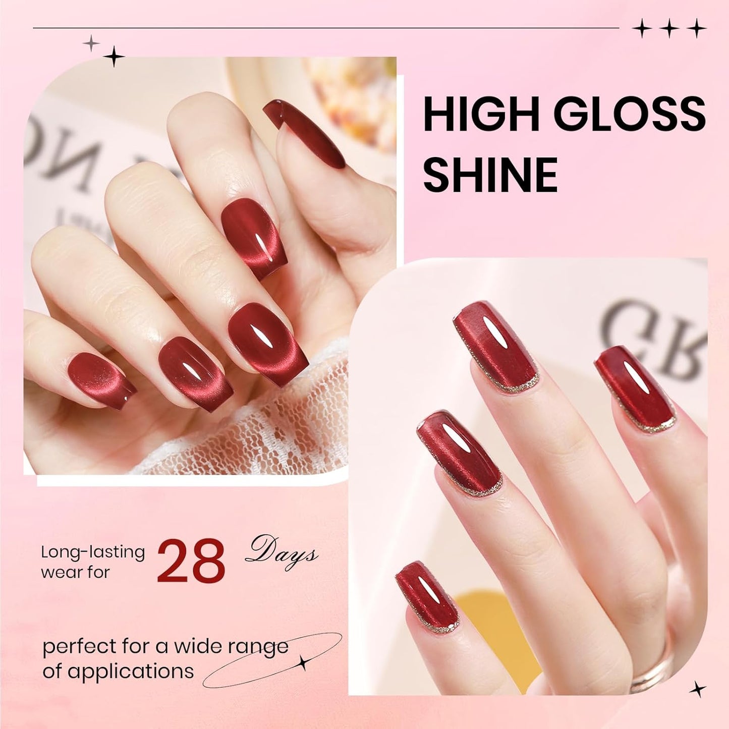 2PCS 15ML Cat Eye Gel Polish, Hot Pink Red Glass Moonlight Cateye Gel Nail Polish with Magnetic Stick Shimmer Glitter Effect Soak Off Salon DIY at Home