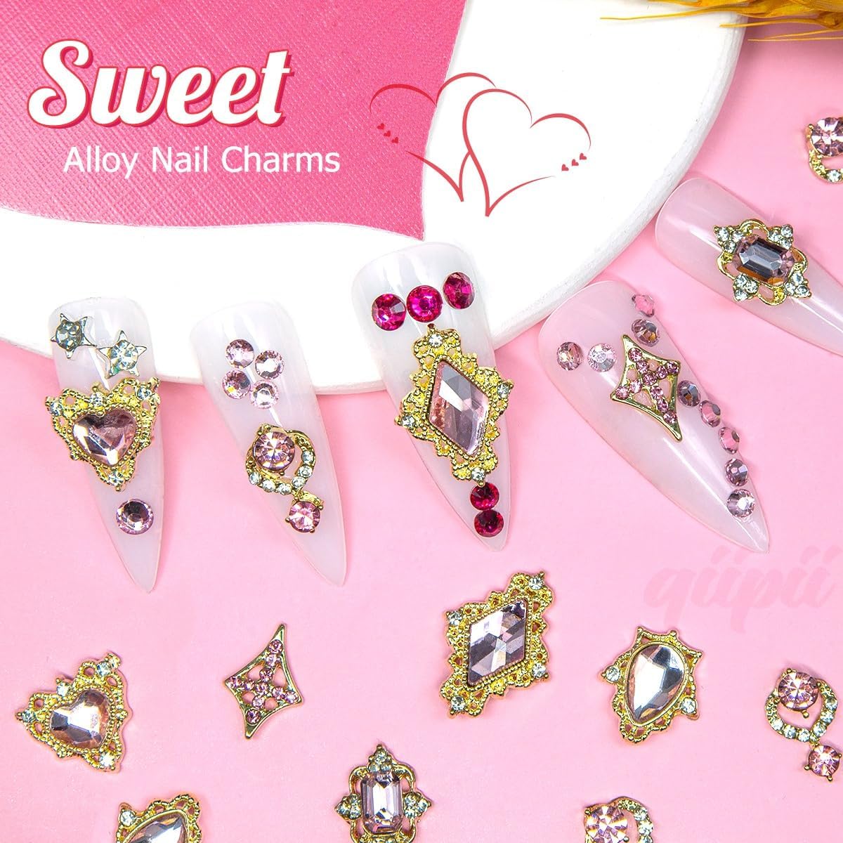 24pcs Pink Luxury Nail Charms +2000pcs Rhinestones 3D Big Nail Gems K9 Glass Nail Crystals Diamonds Jewelry Stones Alloy Nail Art Studs Decor Supplies Heart Charms for Arylic Nails DIY Crafts