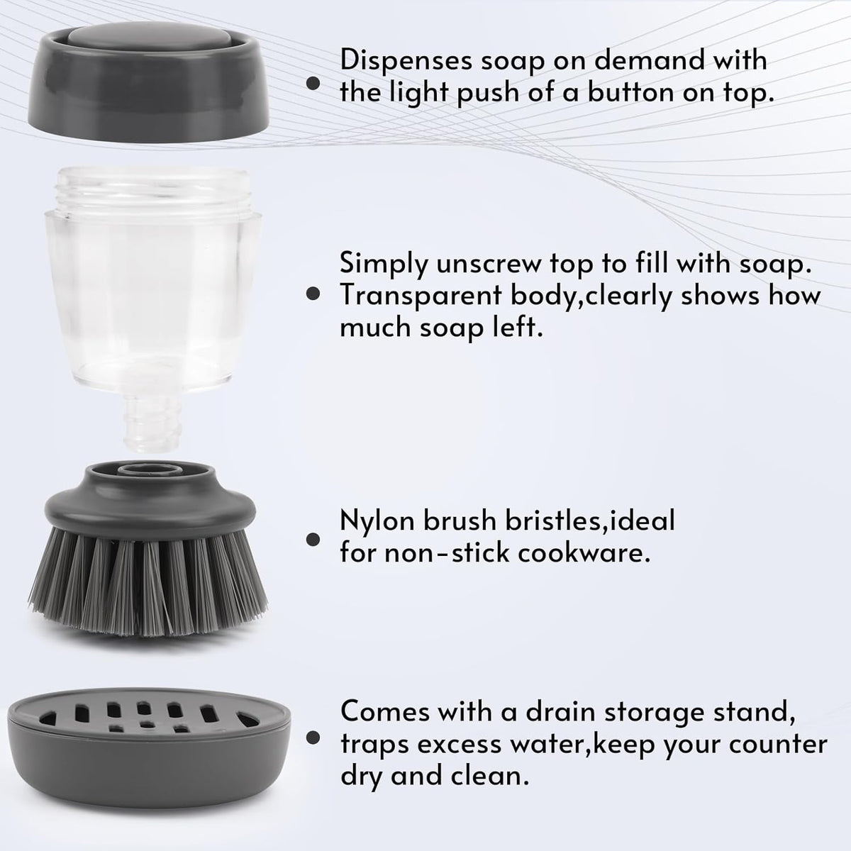 Palm Dish Brush with Soap Draining Tray Dispenser Kitchen Scrub Brush for Kitchen Dishes Pots Pans Sink Cleaning