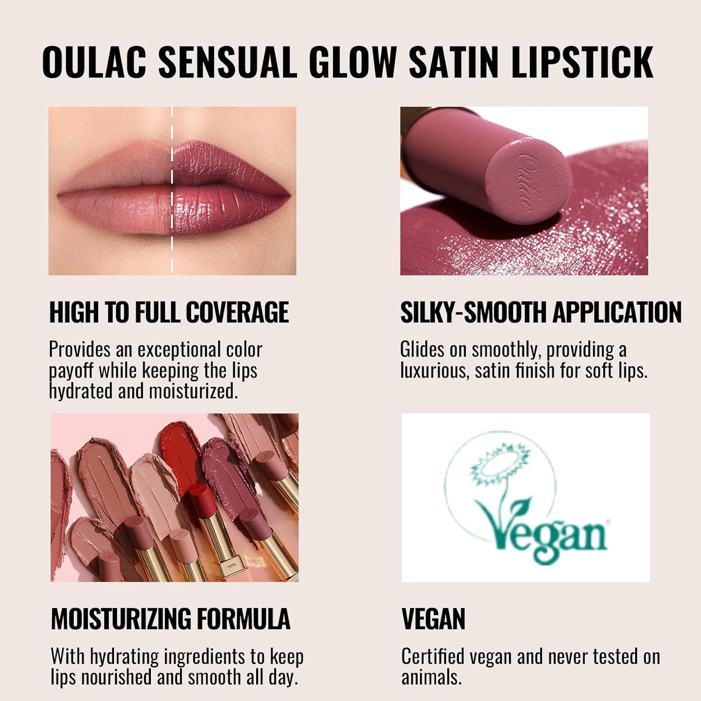 Oulac Beige Lipsticks for Women, Pale Nude Matte Lip Base, Full Coverage Lip Color, Satin Matte Finish, Cream Texture, Hydrating, Infused with Hyaluronic Acid, Vegan & Clean Beauty 4g SG01 Bare