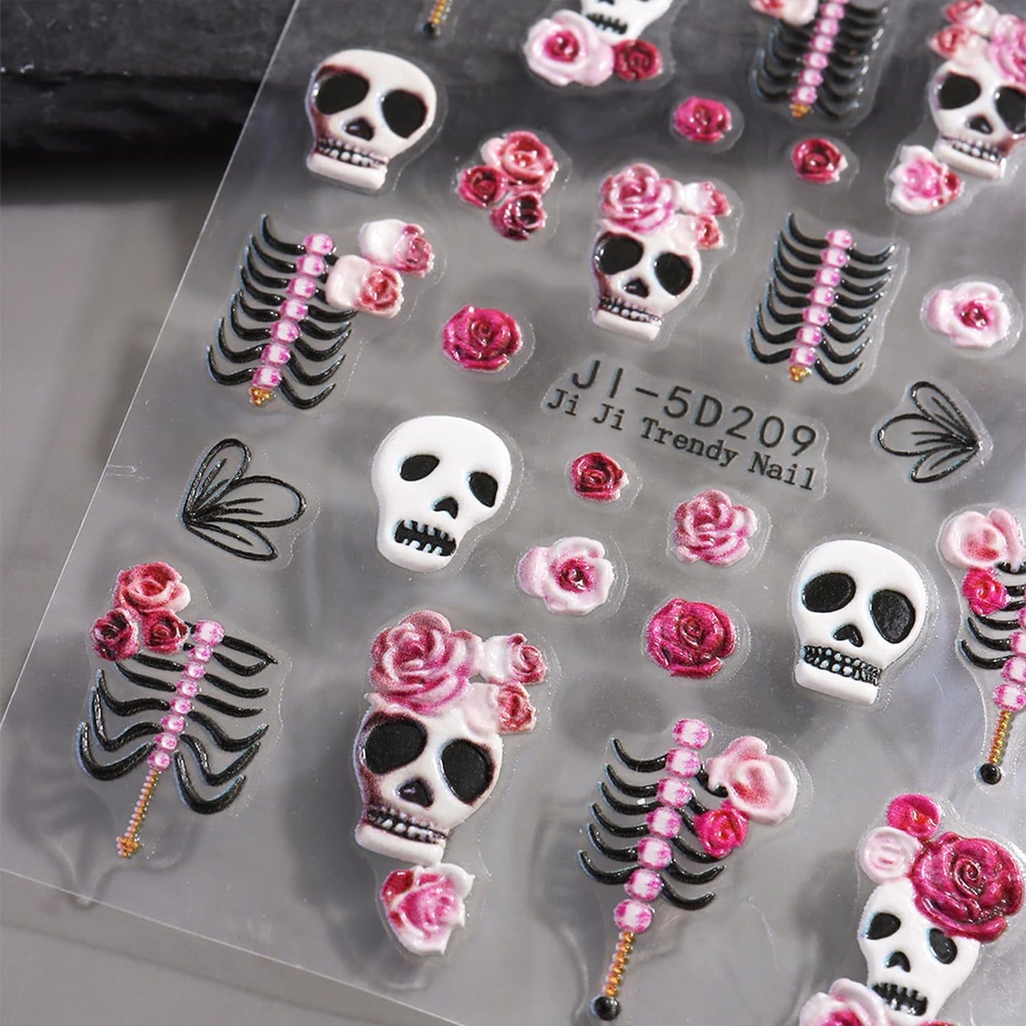5D Embossed Halloween Nail Art Stickers Decals Cute Skull Flower Nail Sticker White Skeleton Nails Decal Self-Adhesive Nails Art Decal for Women Halloween Decor